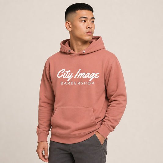 City Image Script Hoodie (Dusty Rose) — on model
