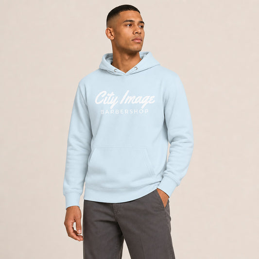 City Image Script Hoodie (Sky Blue) — on model