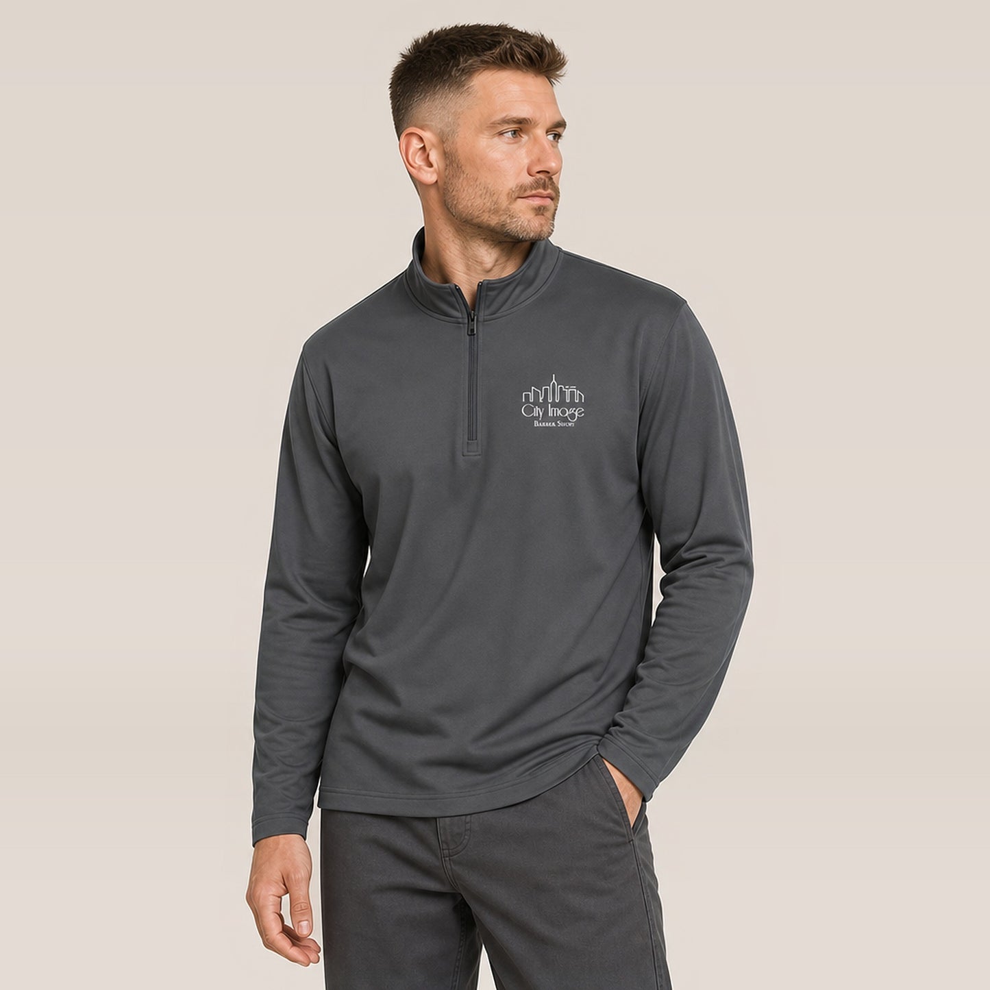 City Image Lightweight Quarter-Zip Pullover (Iron Grey) — on model