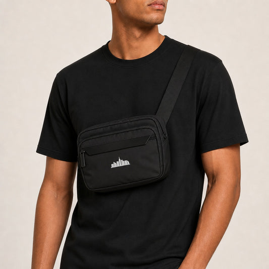 Skyline Cross Body Bag (Black) — on model