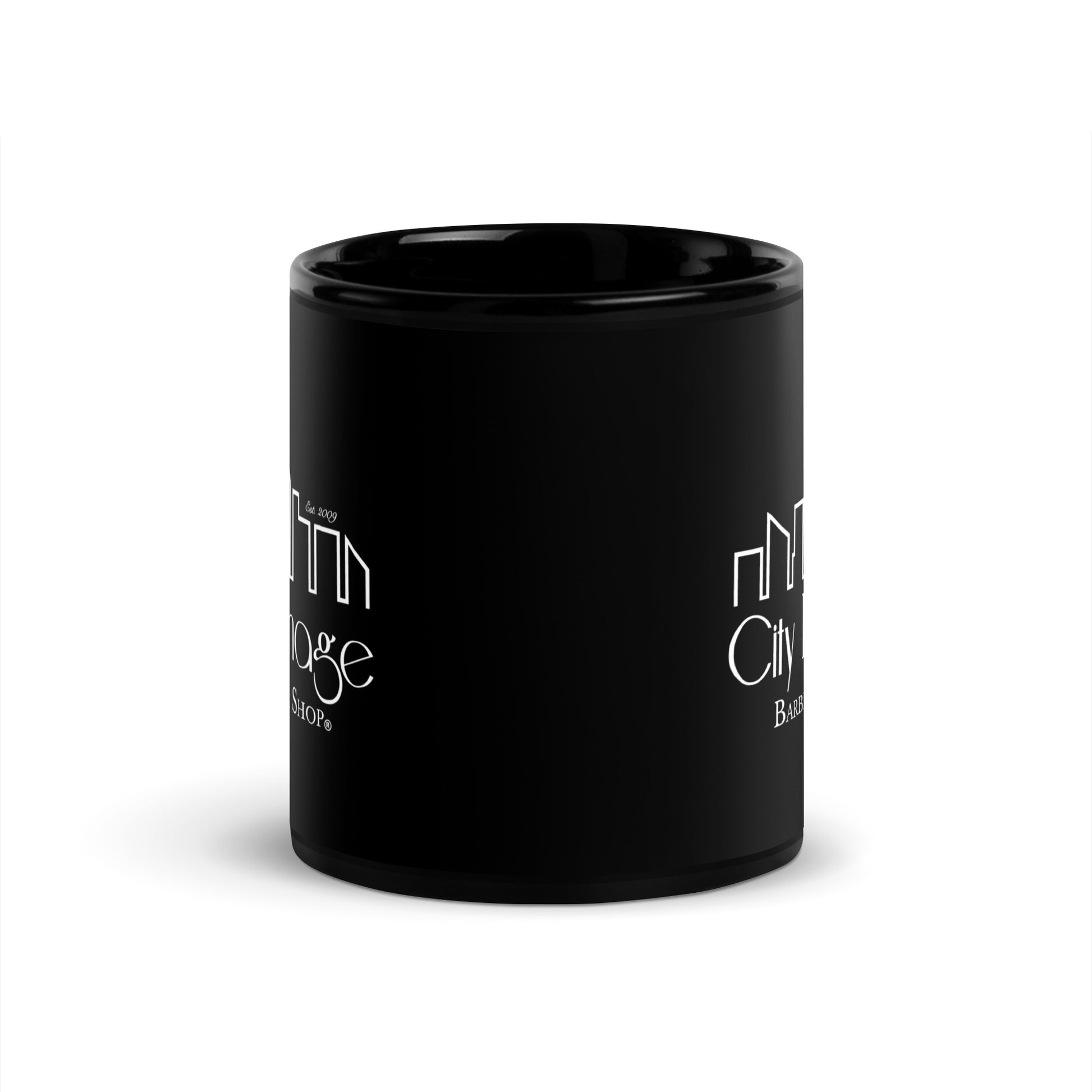 City Image Logo Mug black glossy 11oz, front view with logo on both sides