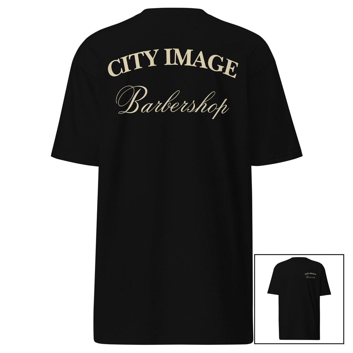 City Image Script Heavyweight Tee (Black/Tan) — back design with front view inset