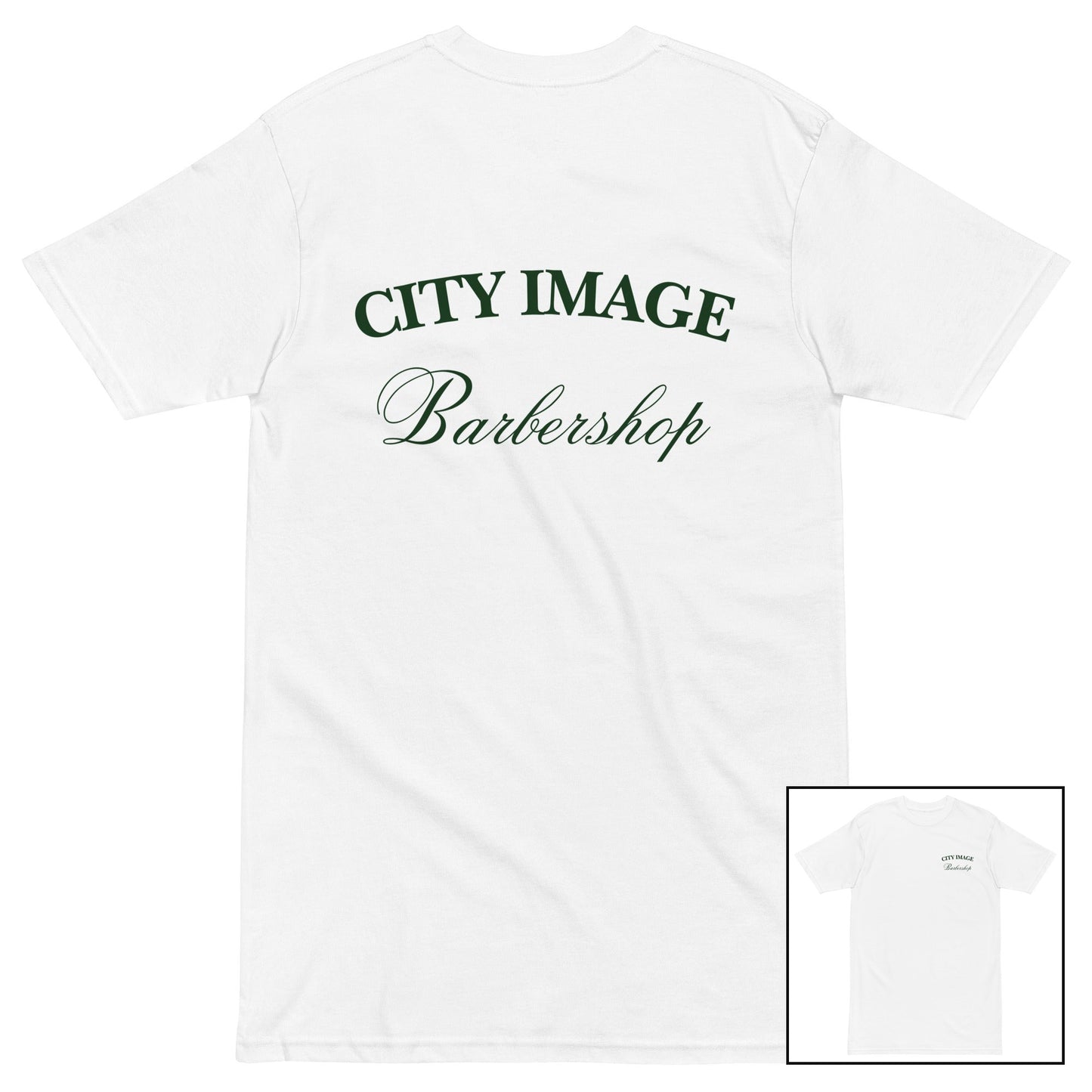 City Image Script Heavyweight Tee (White/Forest) — back design with front view inset