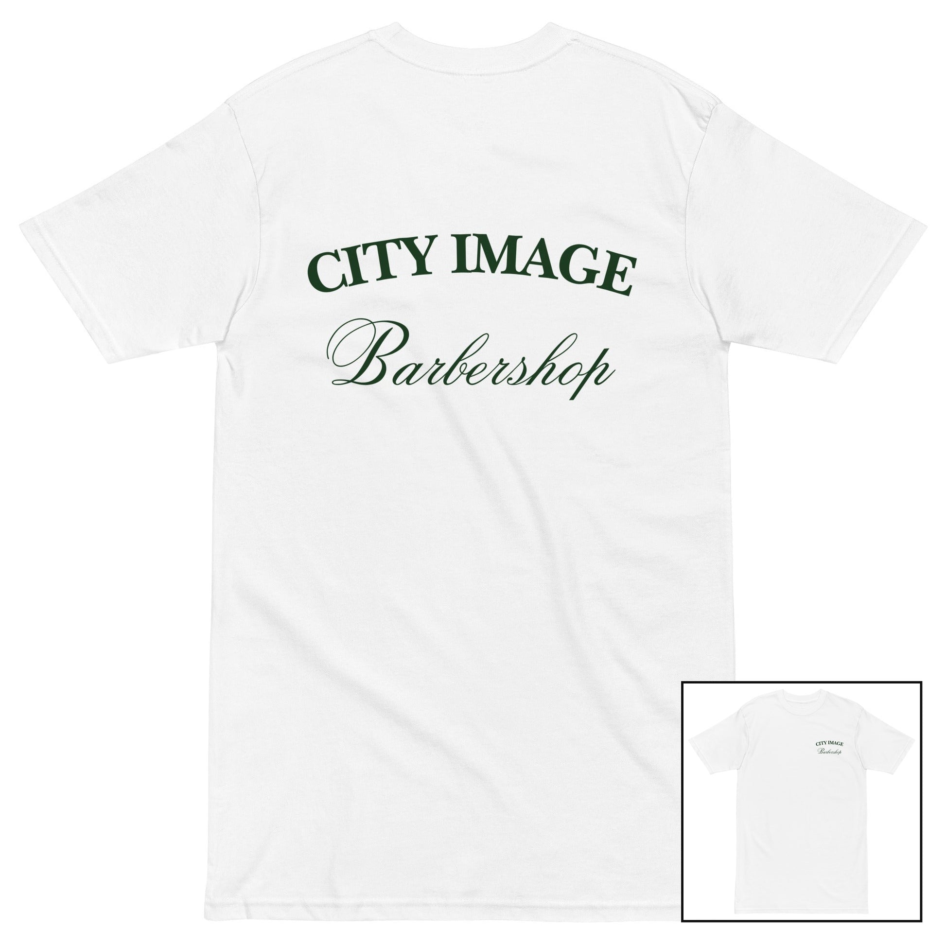 City Image Script Heavyweight Tee (White/Forest) — back design with front view inset