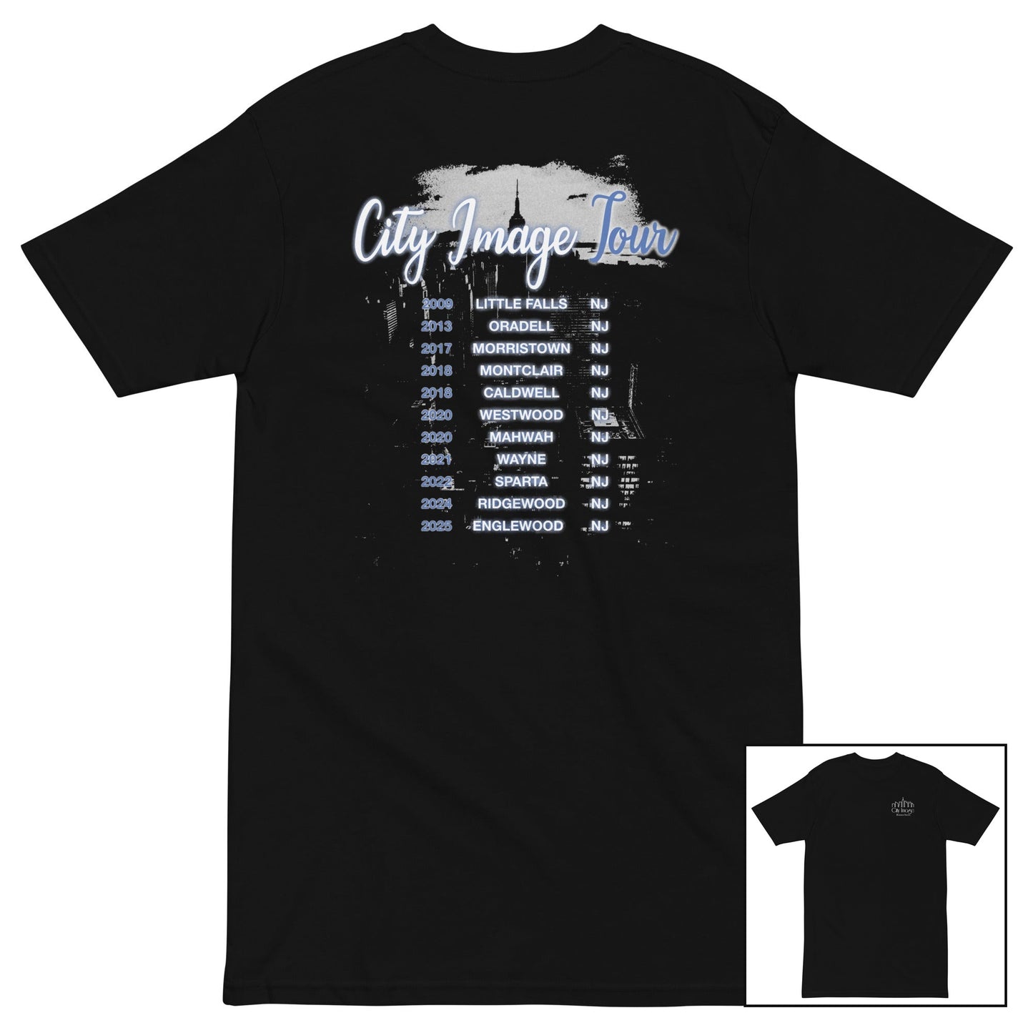 City Image Tour Heavyweight Tee — back design with front view inset