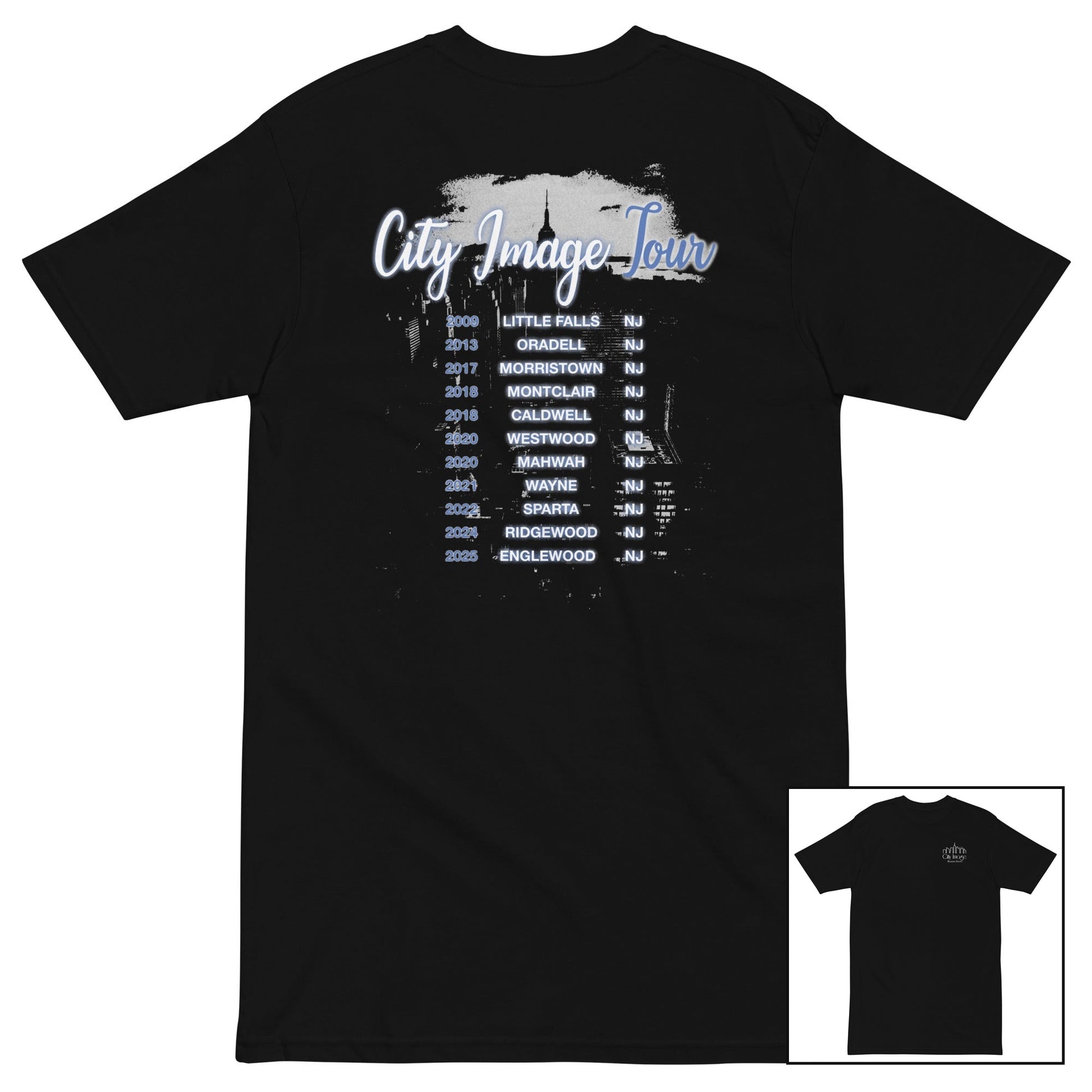 City Image Tour Heavyweight Tee — back design with front view inset